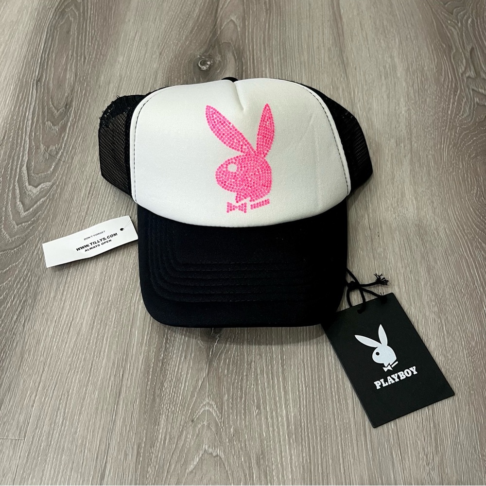 Tilly's Black and White Trucker Hat with Pink Playboy Logo